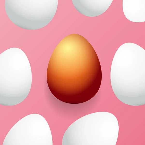 Feliz cartão de saudação Páscoa com ovo dourado colorido e ovos brancos isolados no fundo rosa. Vector Feliz Páscoa ilustração conceito criativo — Vetor de Stock