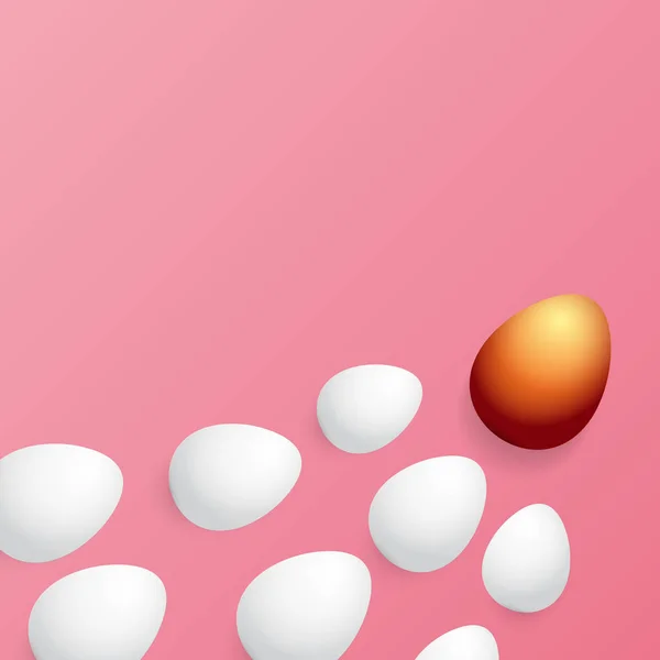 Tarjeta de felicitación feliz Pascua con huevos dorados coloridos y huevos blancos aislados sobre fondo rosa. Vector Feliz Pascua concepto creativo ilustración — Archivo Imágenes Vectoriales
