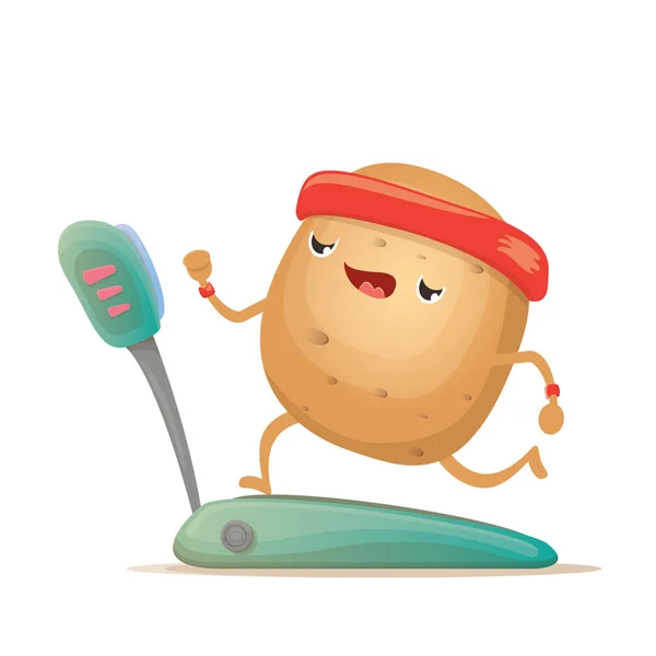 Kartun funky potato character running or jogging on treadmill isolated on white background. Cute sporty karakter sayuran membuat olahraga cardio olahraga. Konsep kardio kebugaran - Stok Vektor