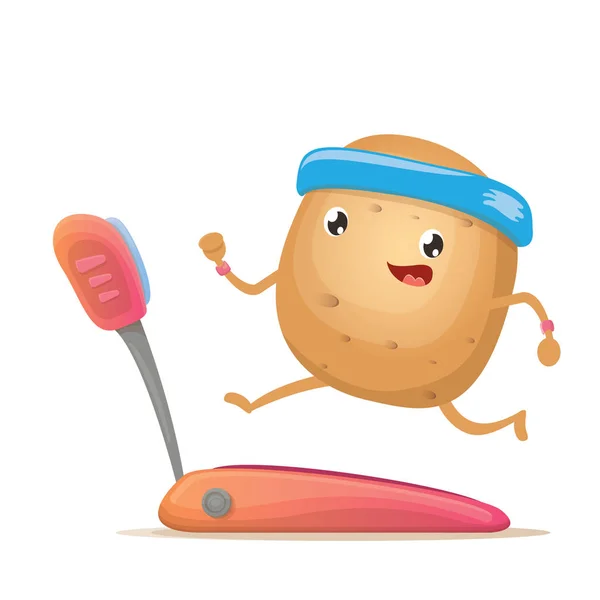 Kartun funky potato character running or jogging on treadmill isolated on white background. Cute sporty karakter sayuran membuat olahraga cardio olahraga. Konsep kardio kebugaran - Stok Vektor