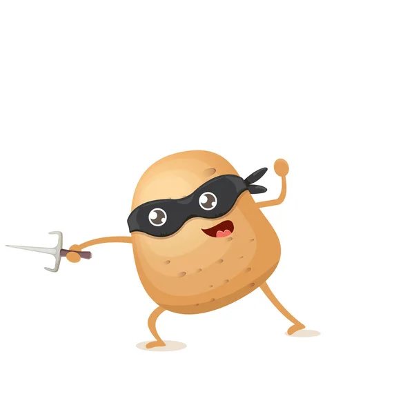 Karakter vektor kartun kentang ninja dengan topeng pahlawan hitam dan pisau ninja sai terisolasi di latar belakang putih. karakter makanan sayuran super funky - Stok Vektor