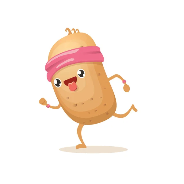 Kartun funky potato character running or jogging isolated on white background. Cute sporty karakter sayuran membuat olahraga cardio olahraga. Konsep kardio kebugaran - Stok Vektor