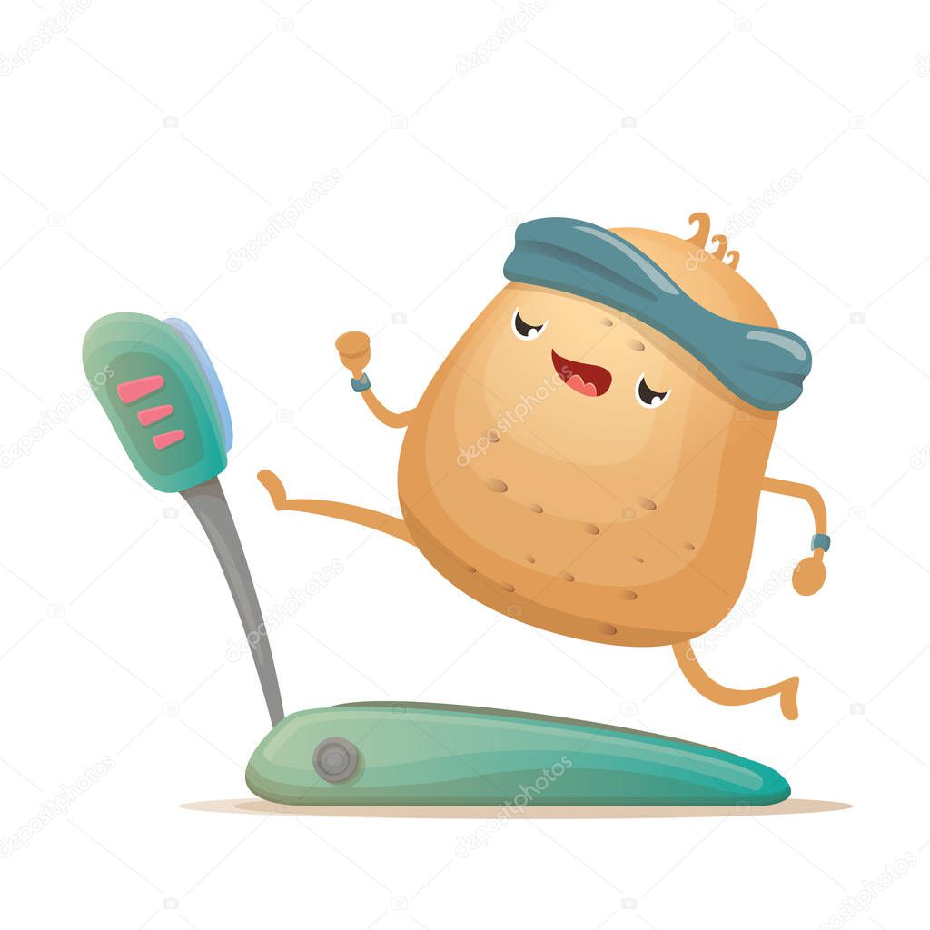 Cartoon potato character running or jogging on treadmill isolated on white background. Cute sporty vegetable character making cardio sport exercise. Fitness cardio concept