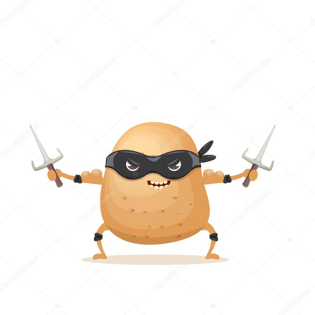 Vector cartoon ninja potato character with super hero mask and ninja knife sai isolated on white background. super funky vegetable food character