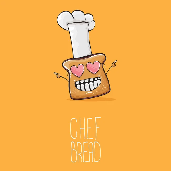 Vettore funky cartone animato carino pane chef personaggio con cappello bianco chef isolato su sfondo arancione. Mi chiamo illustrazione del concetto di pane. Bakery logo funky o modello di disegno della mascotte — Vettoriale Stock