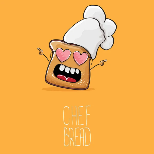 Διανυσματικός χαρακτήρας σεφ του funky κινουμένων σχεδίων χαριτωμένο ψωμί με καπέλο λευκό σεφ που απομονώνονται σε πορτοκαλί φόντο. Το όνομά μου είναι ψωμί έννοια εικονογράφηση. Αρτοποιείο funky λογότυπο ή μασκότ πρότυπο σχεδίασης — Διανυσματικό Αρχείο