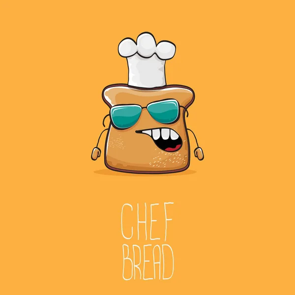 Vector funky schattig brood chef-kok stripfiguur met witte chef-kok hoed geïsoleerd op een oranje achtergrond. Mijn naam is brood concept illustratie. Bakkerij funky logo of mascotte ontwerpsjabloon — Stockvector