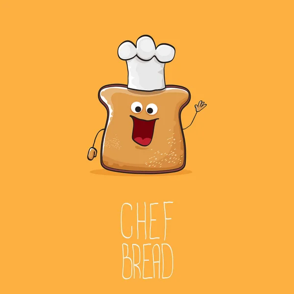 Vector funky cartoon cute bread chef character with white chef hat isolated on orange background. My name is bread concept illustration. Bakery funky logo or mascot design template — Stock Vector