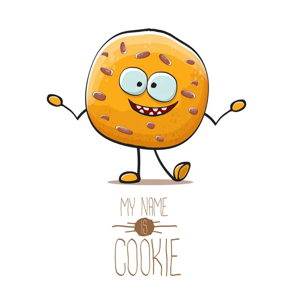 Vector grappige hand getekend zelfgemaakte chocolate cookie karakter geïsoleerd op een witte achtergrond. Mijn naam is cookie concept illustratie. funky voedsel teken of bakkerij label mascotte — Stockvector