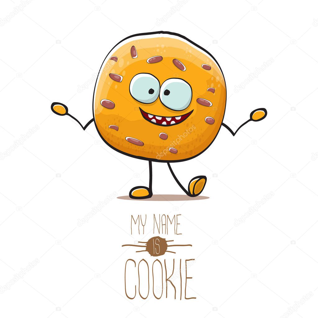 Vector funny hand drawn homemade chocolate chip cookie character isolated on white background. My name is cookie concept illustration. funky food character or bakery label mascot