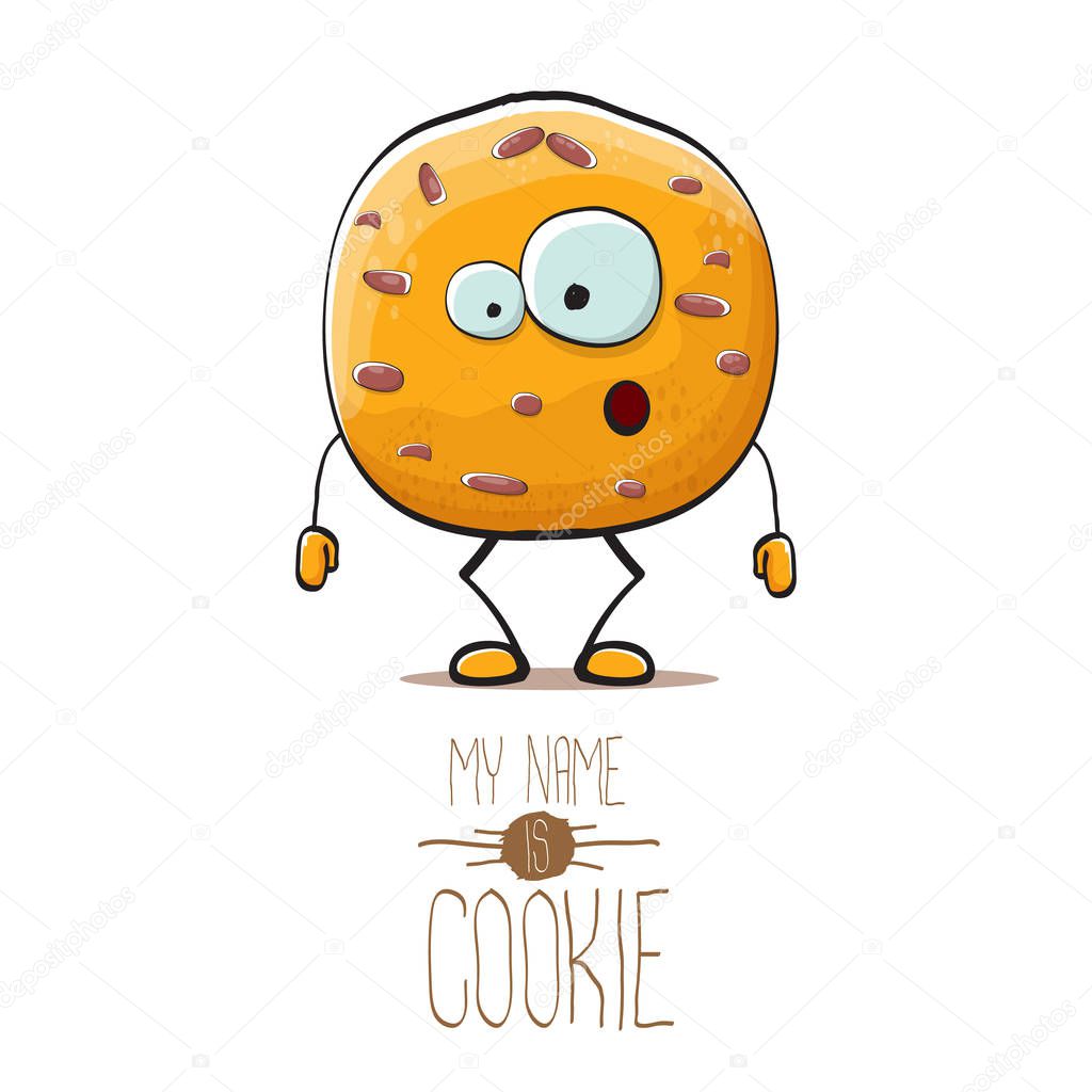 Vector funny hand drawn homemade chocolate chip cookie character isolated on white background. My name is cookie concept illustration. funky food character or bakery label mascot