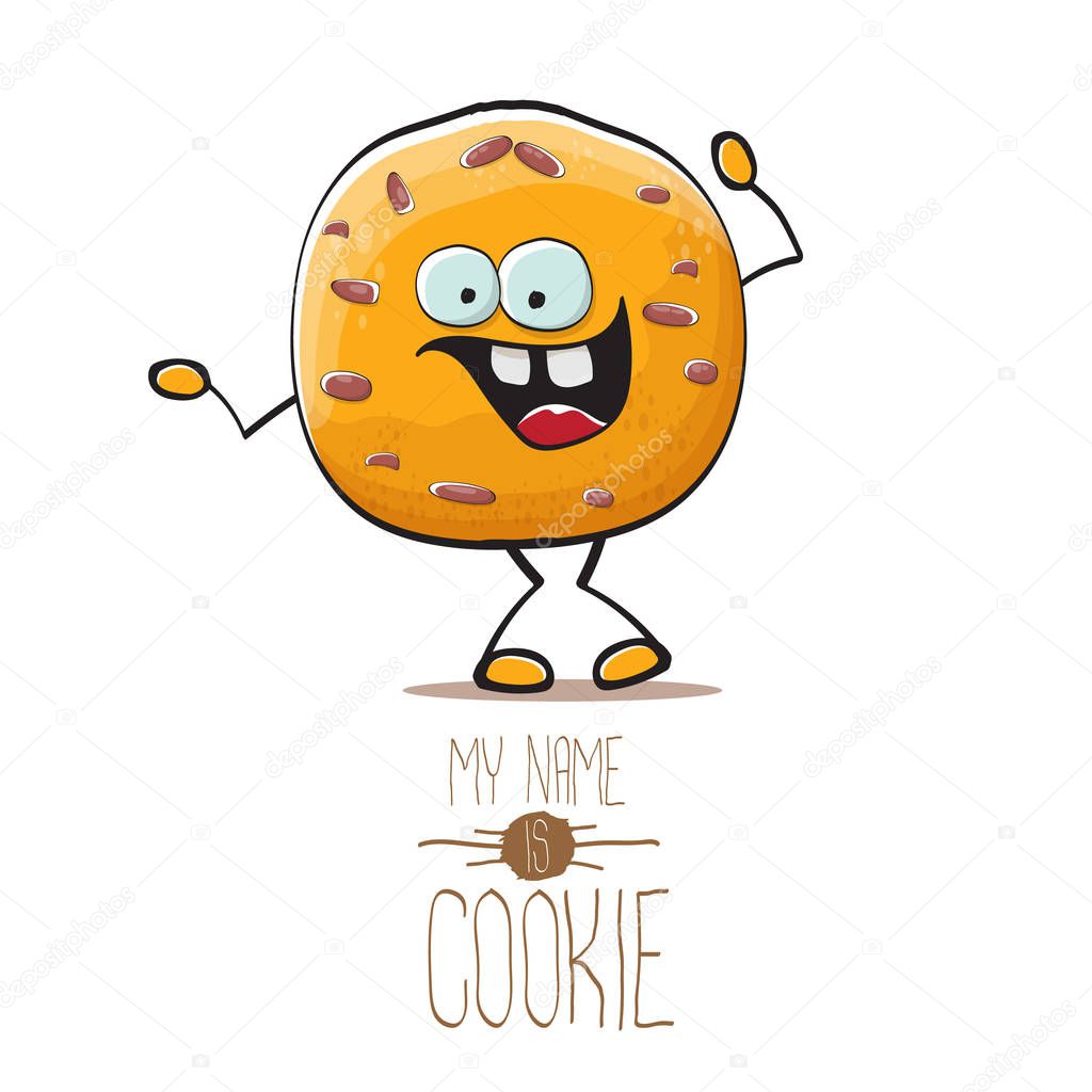 Vector funny hand drawn homemade chocolate chip cookie character isolated on white background. My name is cookie concept illustration. funky food character or bakery label mascot
