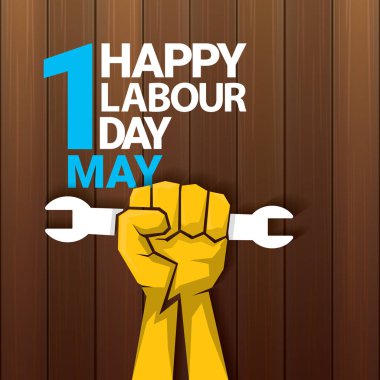 Ahşap arka planda güçlü turuncu yumruk ile mutlu işgücü gün vektör etiketi. adam el ile vektör mutlu işgücü gün arka plan veya afiş. işçiler gün poster olabilir