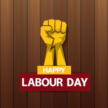Ahşap arka planda güçlü turuncu yumruk ile mutlu işgücü gün vektör etiketi. adam el ile vektör mutlu işgücü gün arka plan veya afiş. işçiler gün poster olabilir