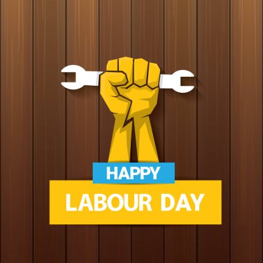 Ahşap arka planda güçlü turuncu yumruk ile mutlu işgücü gün vektör etiketi. adam el ile vektör mutlu işgücü gün arka plan veya afiş. işçiler gün poster olabilir