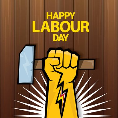 Ahşap arka planda güçlü turuncu yumruk ile mutlu işgücü gün vektör etiketi. adam el ile vektör mutlu işgücü gün arka plan veya afiş. işçiler gün poster olabilir