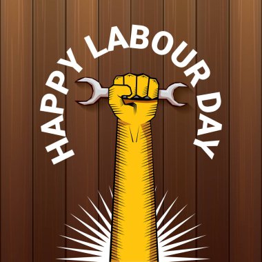 Ahşap arka planda güçlü turuncu yumruk ile mutlu işgücü gün vektör etiketi. adam el ile vektör mutlu işgücü gün arka plan veya afiş. işçiler gün poster olabilir