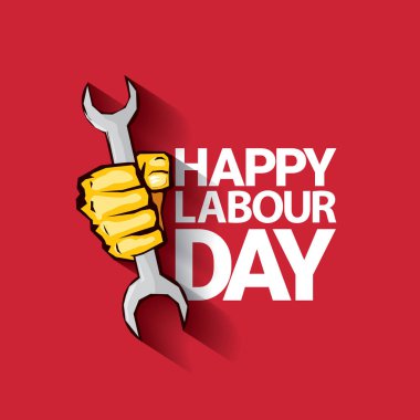 Mutlu İşçi Bayramı vektör etiket ile kırmızı bir arka plan üzerinde güçlü turuncu yumruk. İşçi Bayramı arka plan veya afiş adam el ile. Mayıs günü poster