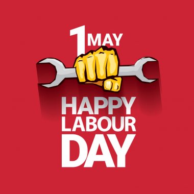 Mutlu İşçi Bayramı vektör etiket ile kırmızı bir arka plan üzerinde güçlü turuncu yumruk. İşçi Bayramı arka plan veya afiş adam el ile. Mayıs günü poster