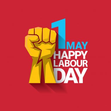 Mutlu İşçi Bayramı vektör etiket ile kırmızı bir arka plan üzerinde güçlü turuncu yumruk. İşçi Bayramı arka plan veya afiş adam el ile. Mayıs günü poster
