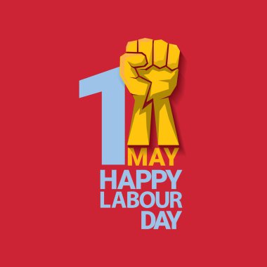 Mutlu İşçi Bayramı vektör etiket ile kırmızı bir arka plan üzerinde güçlü turuncu yumruk. İşçi Bayramı arka plan veya afiş adam el ile. Mayıs günü poster