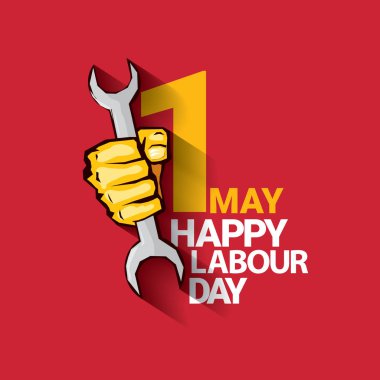 Mutlu İşçi Bayramı vektör etiket ile kırmızı bir arka plan üzerinde güçlü turuncu yumruk. İşçi Bayramı arka plan veya afiş adam el ile. Mayıs günü poster