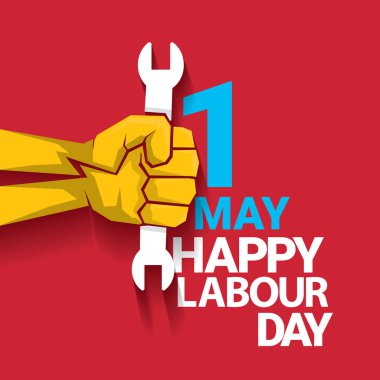 Mutlu İşçi Bayramı vektör etiket ile kırmızı bir arka plan üzerinde güçlü turuncu yumruk. İşçi Bayramı arka plan veya afiş adam el ile. Mayıs günü poster