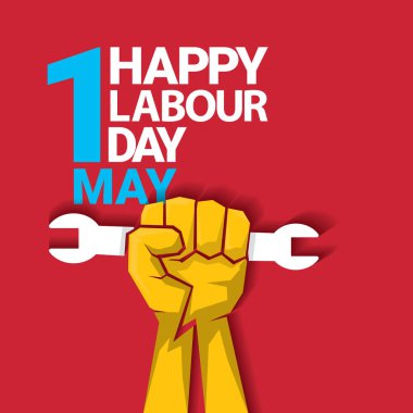 Mutlu İşçi Bayramı vektör etiket ile kırmızı bir arka plan üzerinde güçlü turuncu yumruk. İşçi Bayramı arka plan veya afiş adam el ile. Mayıs günü poster