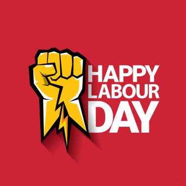 Mutlu İşçi Bayramı vektör etiket ile kırmızı bir arka plan üzerinde güçlü turuncu yumruk. İşçi Bayramı arka plan veya afiş adam el ile. Mayıs günü poster