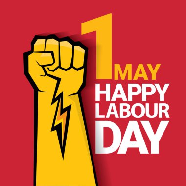 Mutlu İşçi Bayramı vektör etiket ile kırmızı bir arka plan üzerinde güçlü turuncu yumruk. İşçi Bayramı arka plan veya afiş adam el ile. Mayıs günü poster