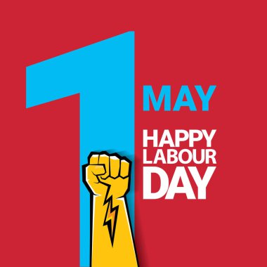 Mutlu İşçi Bayramı vektör etiket ile kırmızı bir arka plan üzerinde güçlü turuncu yumruk. İşçi Bayramı arka plan veya afiş adam el ile. Mayıs günü poster