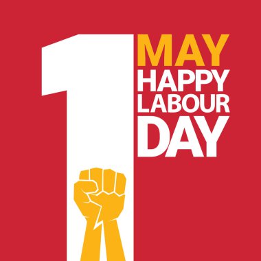 Mutlu İşçi Bayramı vektör etiket ile kırmızı bir arka plan üzerinde güçlü turuncu yumruk. İşçi Bayramı arka plan veya afiş adam el ile. Mayıs günü poster