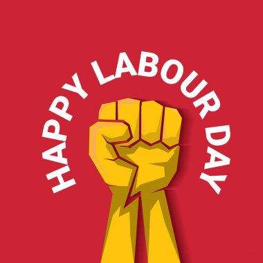 Mutlu İşçi Bayramı vektör etiket ile kırmızı bir arka plan üzerinde güçlü turuncu yumruk. İşçi Bayramı arka plan veya afiş adam el ile. Mayıs günü poster