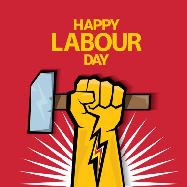 Mutlu İşçi Bayramı vektör etiket ile kırmızı bir arka plan üzerinde güçlü turuncu yumruk. İşçi Bayramı arka plan veya afiş adam el ile. Mayıs günü poster