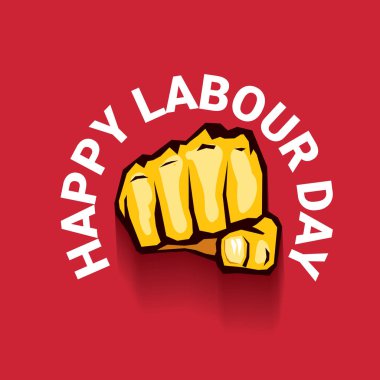 Mutlu İşçi Bayramı vektör etiket ile kırmızı bir arka plan üzerinde güçlü turuncu yumruk. İşçi Bayramı arka plan veya afiş adam el ile. Mayıs günü poster