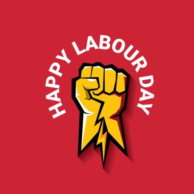 Mutlu İşçi Bayramı vektör etiket ile kırmızı bir arka plan üzerinde güçlü turuncu yumruk. İşçi Bayramı arka plan veya afiş adam el ile. Mayıs günü poster