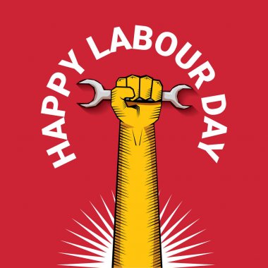 Mutlu İşçi Bayramı vektör etiket ile kırmızı bir arka plan üzerinde güçlü turuncu yumruk. İşçi Bayramı arka plan veya afiş adam el ile. Mayıs günü poster