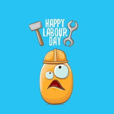 Uluslararası işçiler gün veya işgücü günü tebrik kartı. mavi arka plan üzerinde izole küçük kahverengi karikatür öğrenci patates turuncu mühendislik vektör. Mayıs günü poster