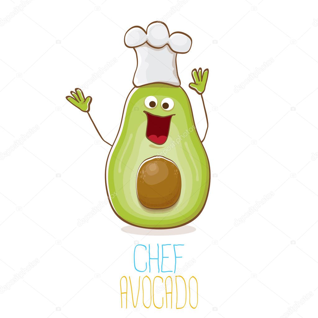 Funny cartoon green tiny chef avocado character with chef hat isolated on white background. My name is avocado vector concept. vector healthy summer funky fruit character with cook hat