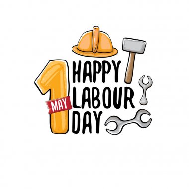 Karikatür mutlu emek gün vektör etiket beyaz izole. vektör mutlu işgücü gün arka plan veya afiş mühendisi kask, Hummer ve anahtar ile. işçiler gün poster olabilir