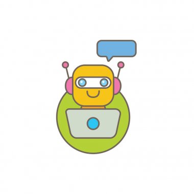 Beyaz arka planda izole konuşma balonu ile sevimli chatbot karakter veya akıllı asistan. Vektör komik robot asistanı, sohbet bot, yardımcı chatbot logosu veya etiket