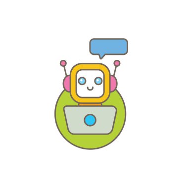 Beyaz arka planda izole konuşma balonu ile sevimli chatbot karakter veya akıllı asistan. Vektör komik robot asistanı, sohbet bot, yardımcı chatbot logosu veya etiket