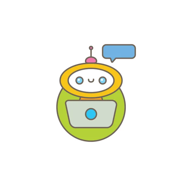 Lindo personaje chatbot o asistente inteligente con burbuja de habla aislada sobre fondo blanco. Vector Funny robot assistant, chatter bot, helper chatbot logo or label — Vector de stock