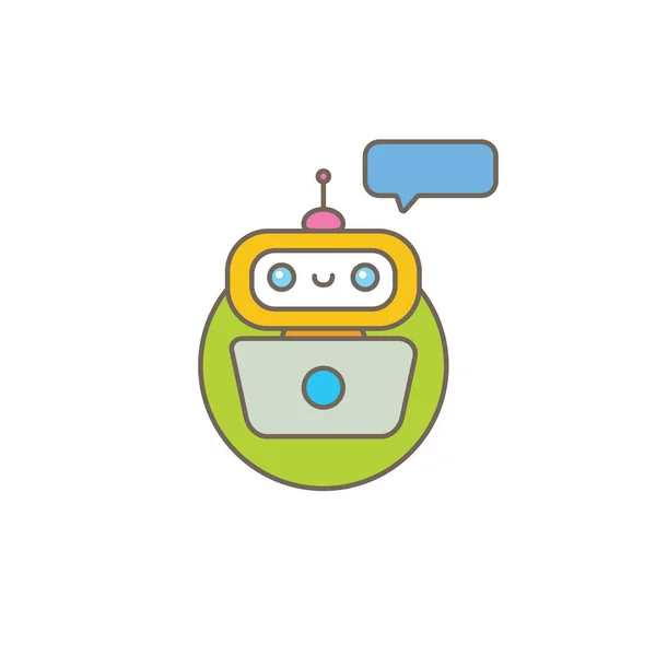 Lindo personaje chatbot o asistente inteligente con burbuja de habla aislada sobre fondo blanco. Vector Funny robot assistant, chatter bot, helper chatbot logo or label — Vector de stock