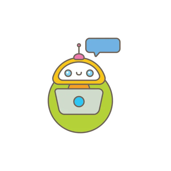 Lindo personaje chatbot o asistente inteligente con burbuja de habla aislada sobre fondo blanco. Vector Funny robot assistant, chatter bot, helper chatbot logo or label — Archivo Imágenes Vectoriales