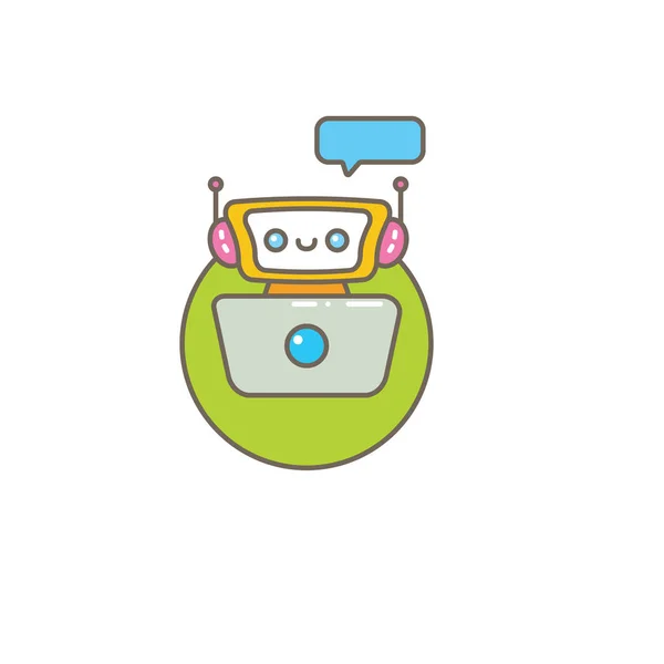Beyaz arka planda izole konuşma balonu ile sevimli chatbot karakter veya akıllı asistan. Vektör komik robot asistanı, sohbet bot, yardımcı chatbot logosu veya etiket — Stok Vektör