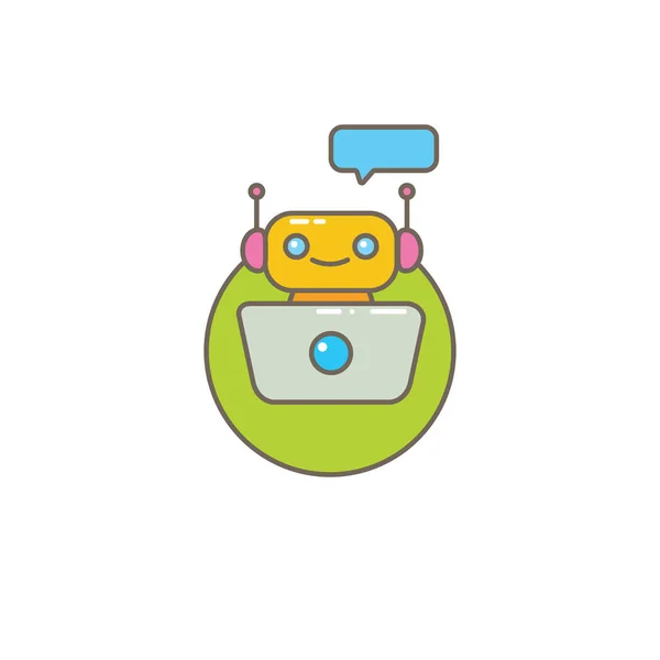 Lindo personaje chatbot o asistente inteligente con burbuja de habla aislada sobre fondo blanco. Vector Funny robot assistant, chatter bot, helper chatbot logo or label — Vector de stock