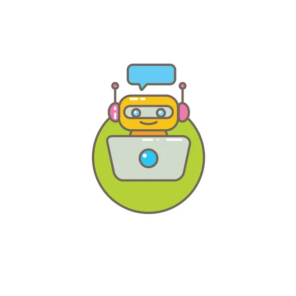 Lindo personaje chatbot o asistente inteligente con burbuja de habla aislada sobre fondo blanco. Vector Funny robot assistant, chatter bot, helper chatbot logo or label — Vector de stock