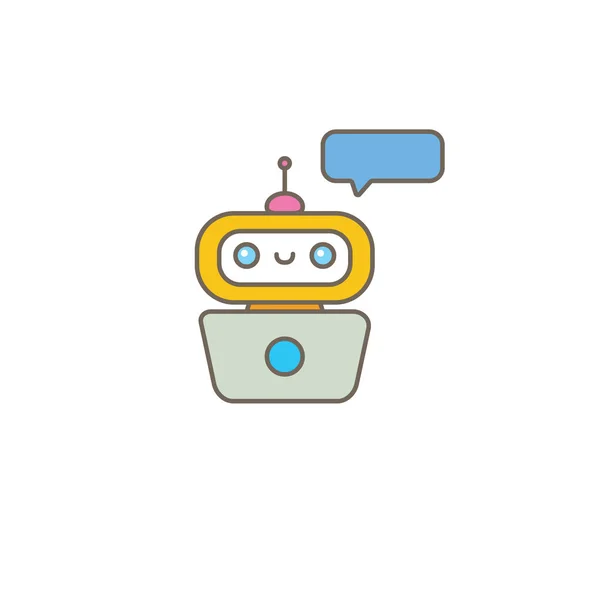 Lindo personaje chatbot o asistente inteligente con burbuja de habla aislada sobre fondo blanco. Vector Funny robot assistant, chatter bot, helper chatbot logo or label — Vector de stock