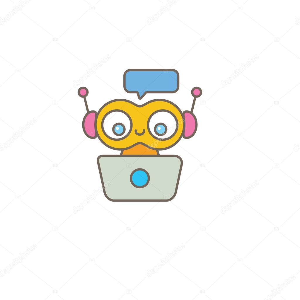 Cute chatbot character with notebook or intelligent assistant with speech bubble isolated on white background. Vector Funny robot assistant, chatter bot, helper chatbot logo or label
